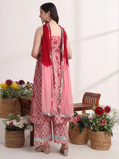 Pink Floral Print Anarkali Kurta And Trouser With Dupatta Set