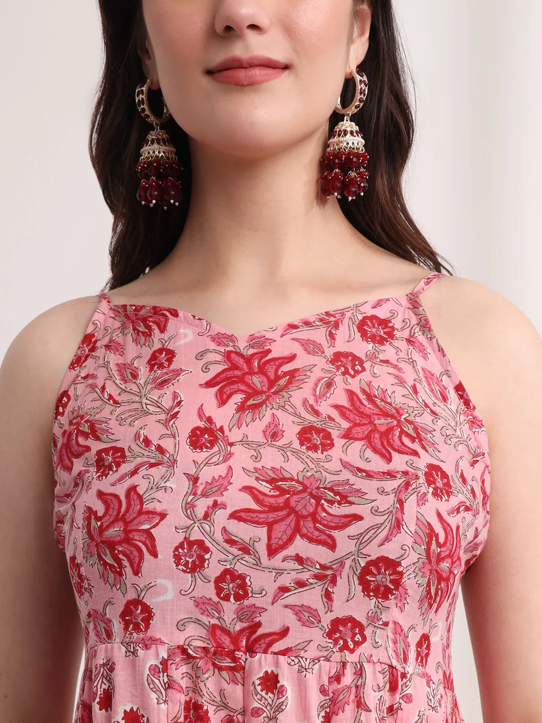 Pink Floral Print Anarkali Kurta And Trouser With Dupatta Set