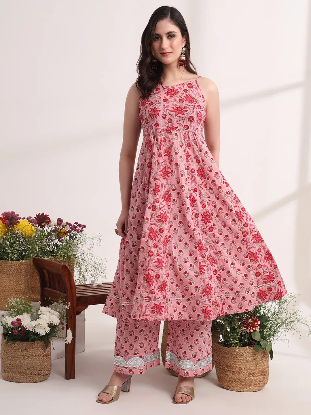 Pink Floral Print Anarkali Kurta And Trouser With Dupatta Set