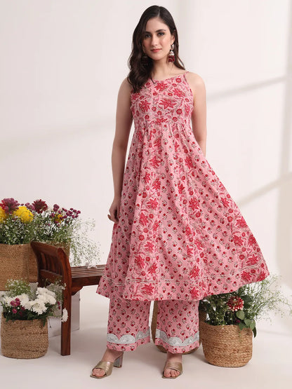 Pink Floral Print Anarkali Kurta And Trouser With Dupatta Set