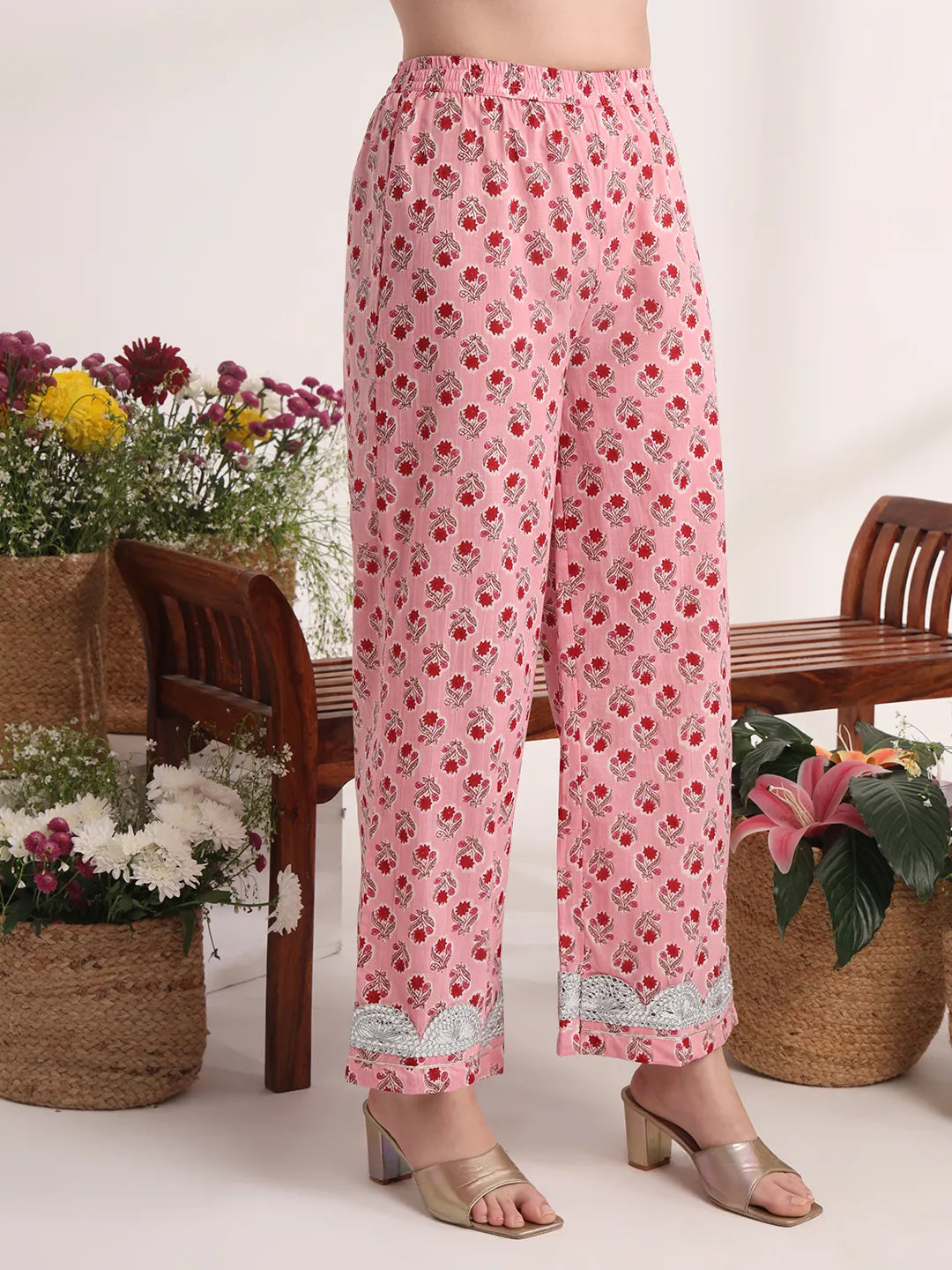 Pink Floral Print Anarkali Kurta And Trouser With Dupatta Set