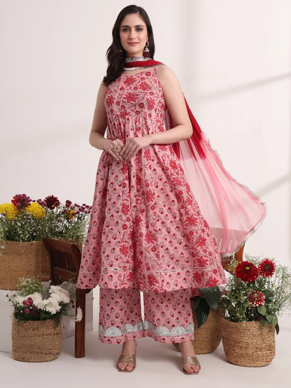 Pink Floral Print Anarkali Kurta And Trouser With Dupatta Set