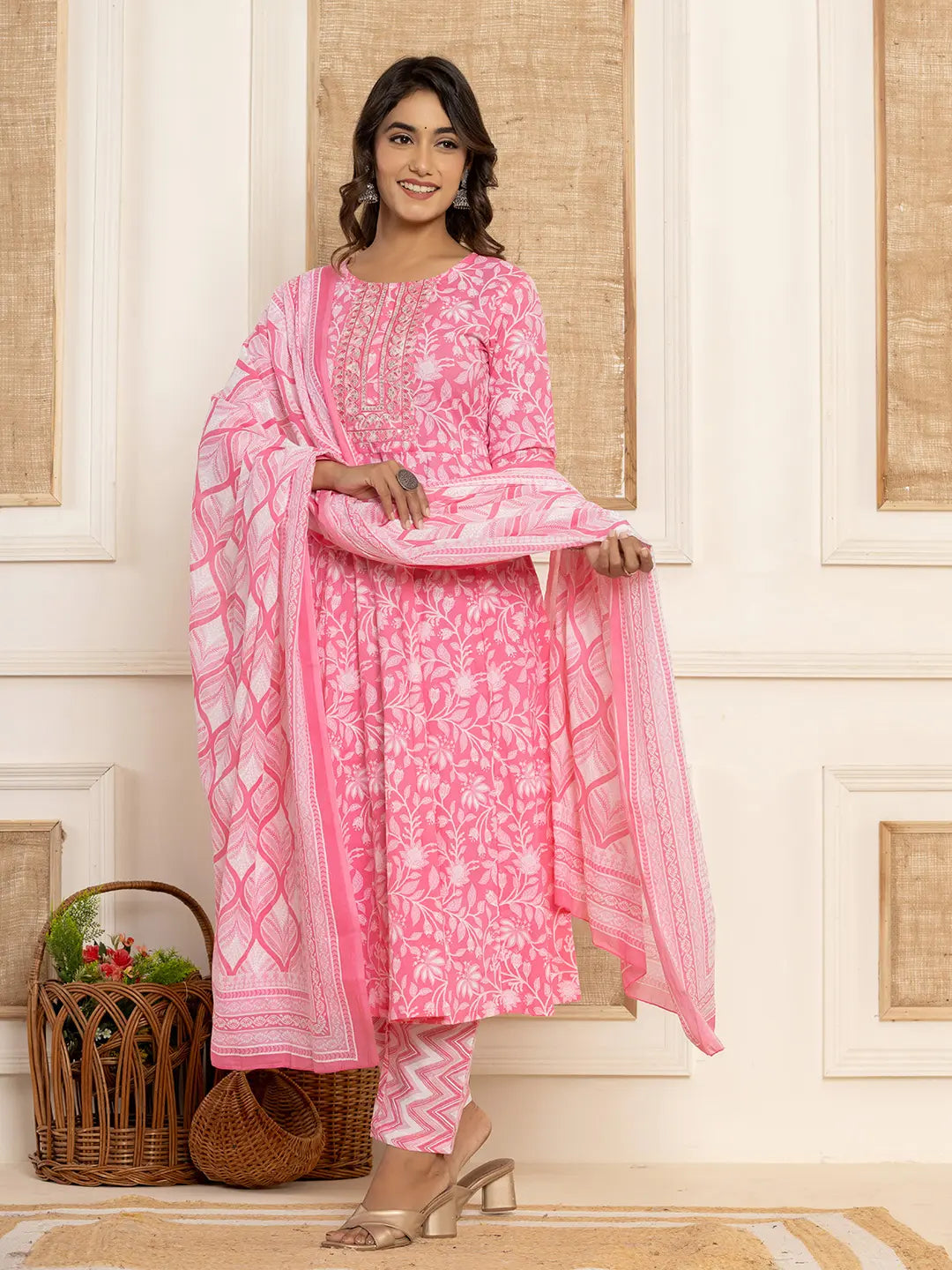 Pink Floral Print Anarkali Style Kurta And Trousers With Dupatta Set