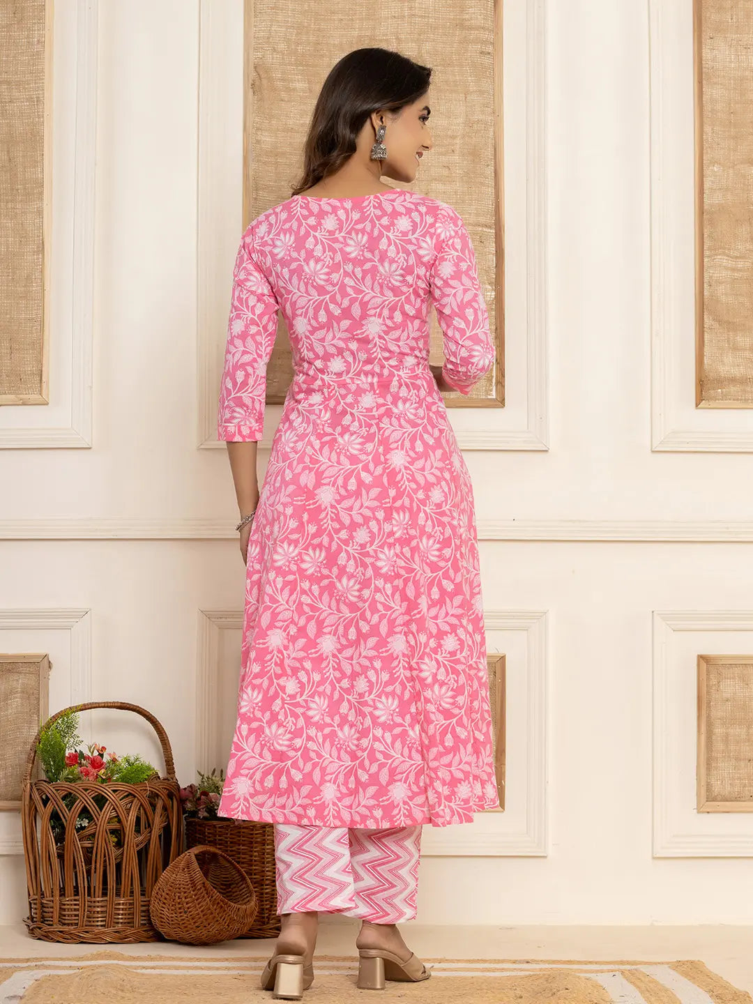 Pink Floral Print Anarkali Style Kurta And Trousers With Dupatta Set