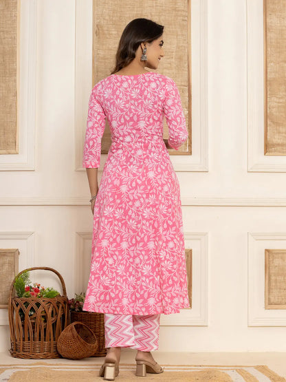 Pink Floral Print Anarkali Style Kurta And Trousers With Dupatta Set