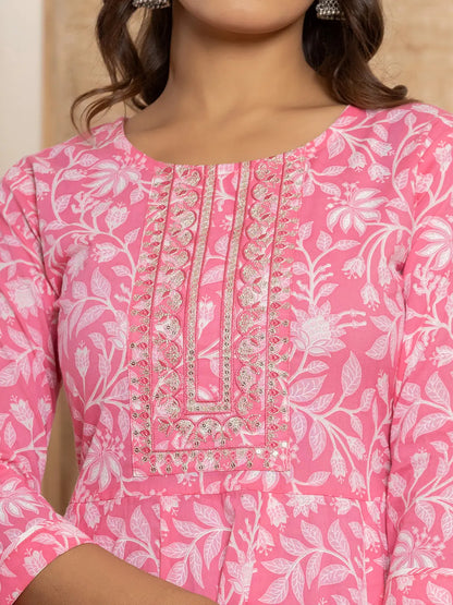 Pink Floral Print Anarkali Style Kurta And Trousers With Dupatta Set