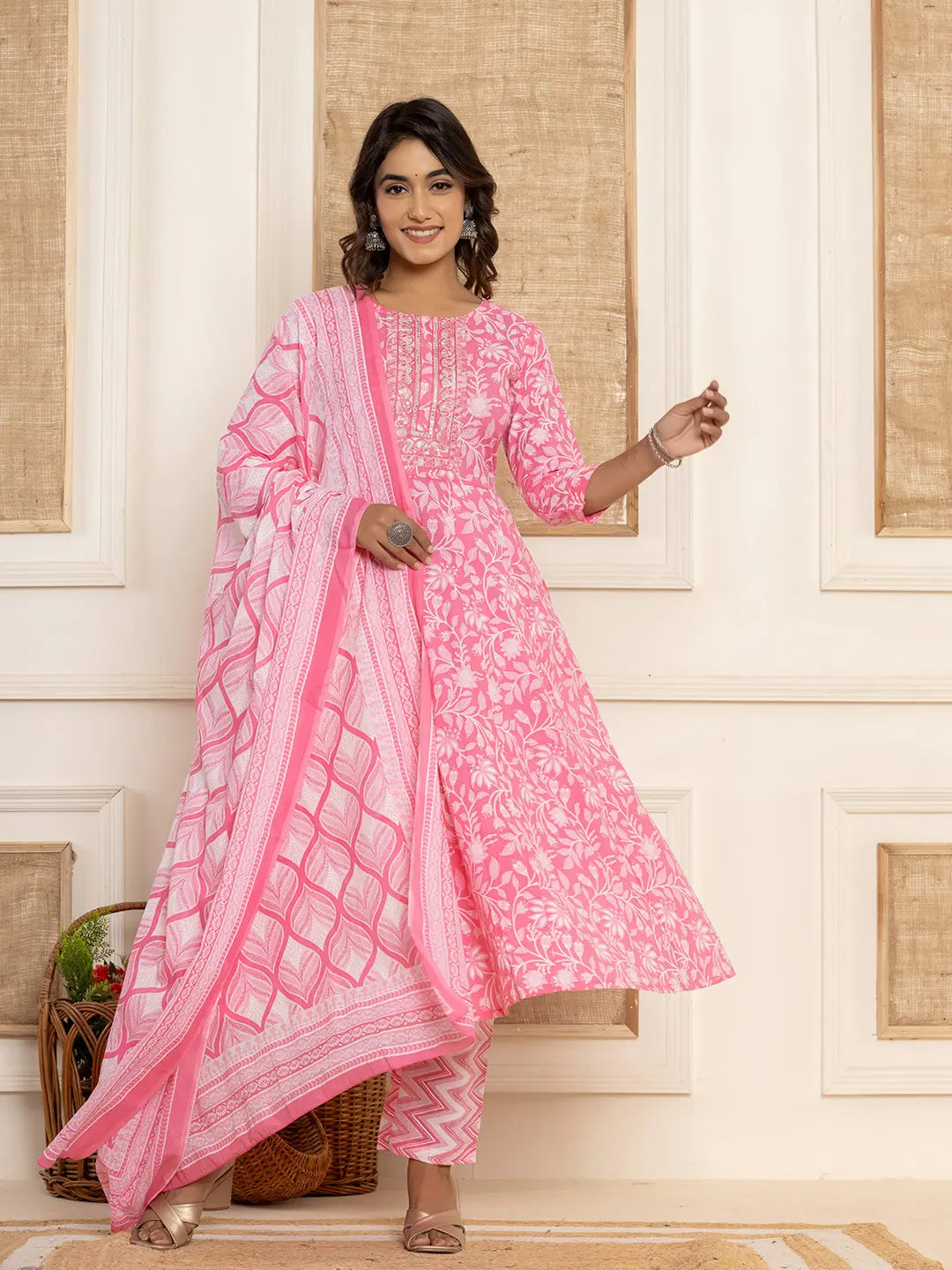 Pink Floral Print Anarkali Style Kurta And Trousers With Dupatta Set