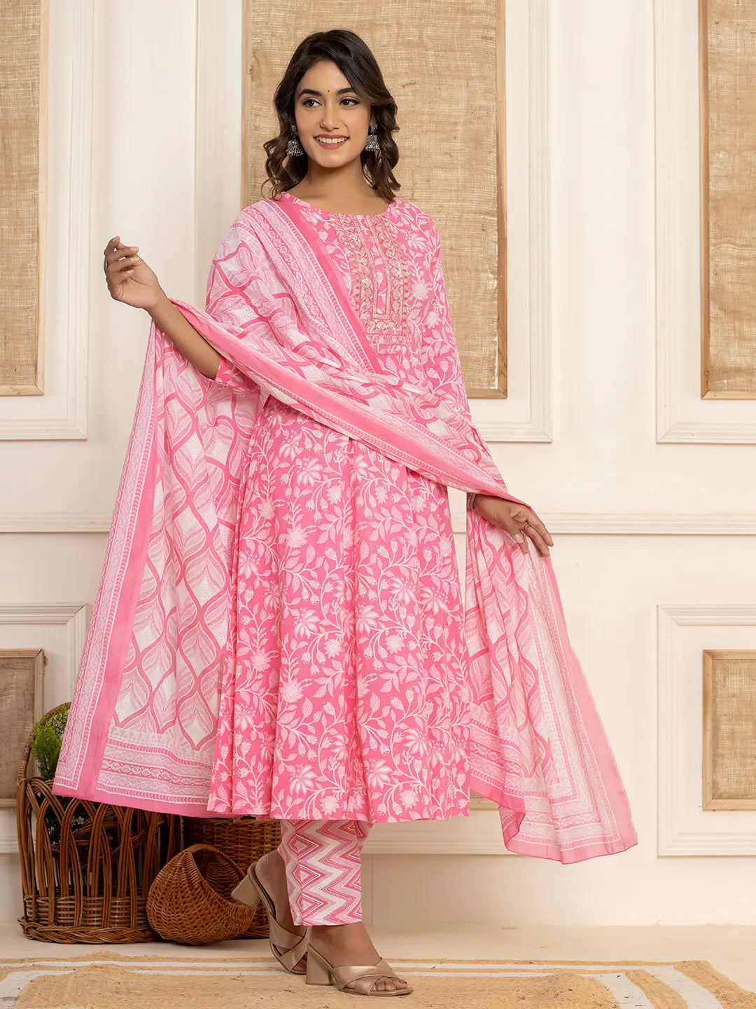 Pink Floral Print Anarkali Style Kurta And Trousers With Dupatta Set