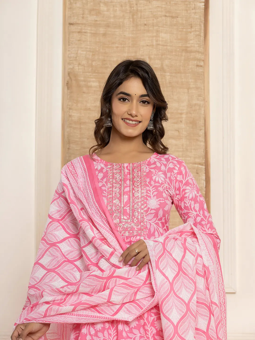 Pink Floral Print Anarkali Style Kurta And Trousers With Dupatta Set