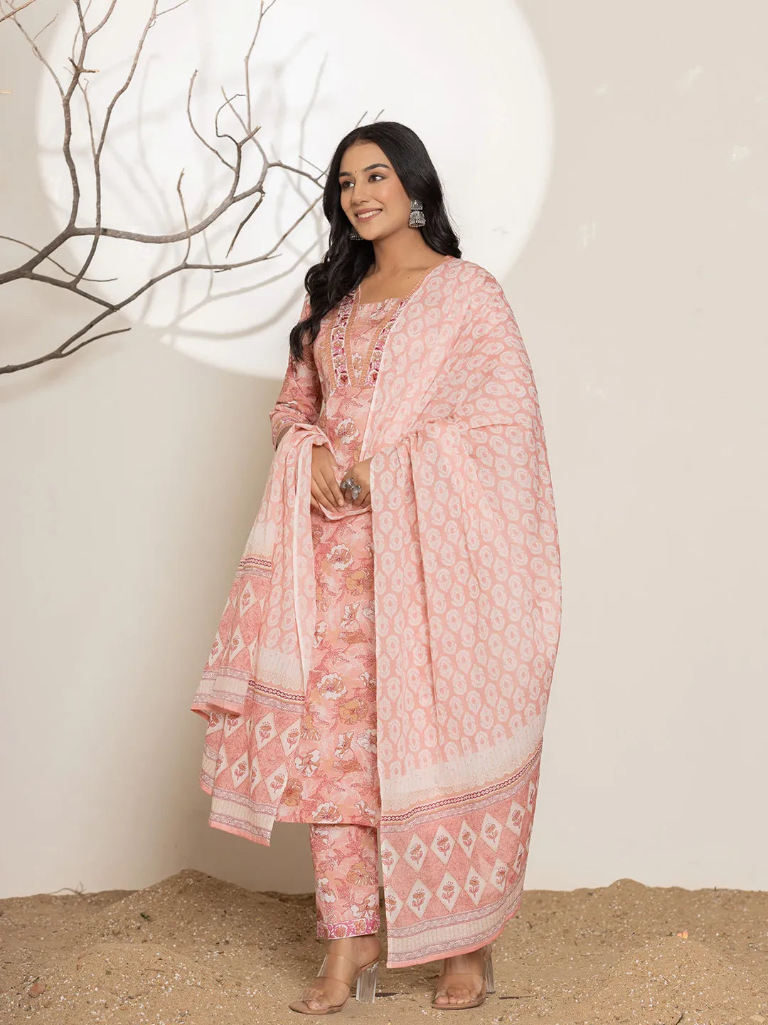 Pink Floral Print Cotton Straight Kurta Dupatta Set