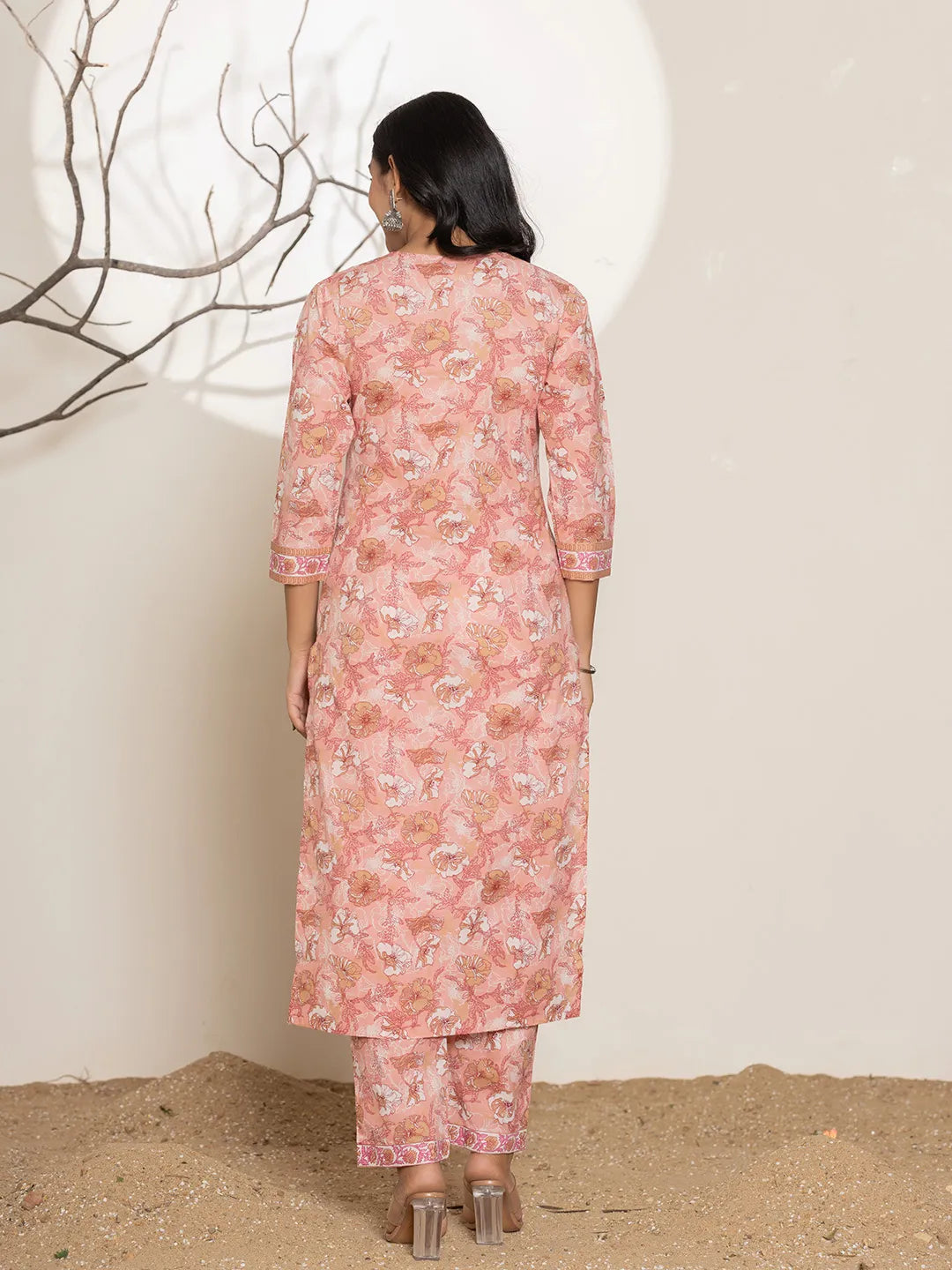 Pink Floral Print Cotton Straight Kurta Dupatta Set