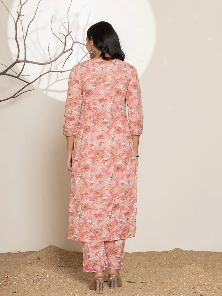 Pink Floral Print Cotton Straight Kurta Dupatta Set