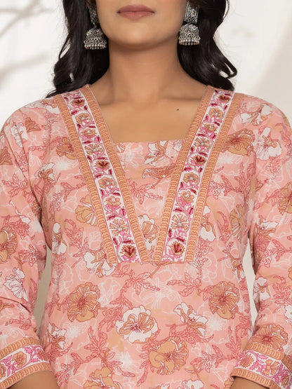 Pink Floral Print Cotton Straight Kurta Dupatta Set
