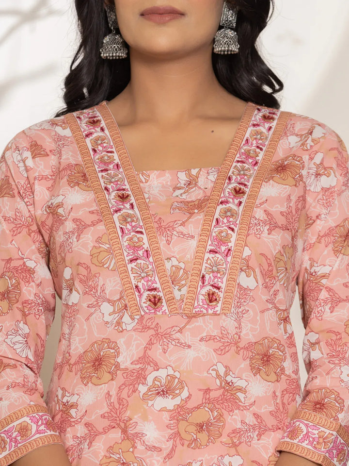 Pink Floral Print Cotton Straight Kurta Dupatta Set