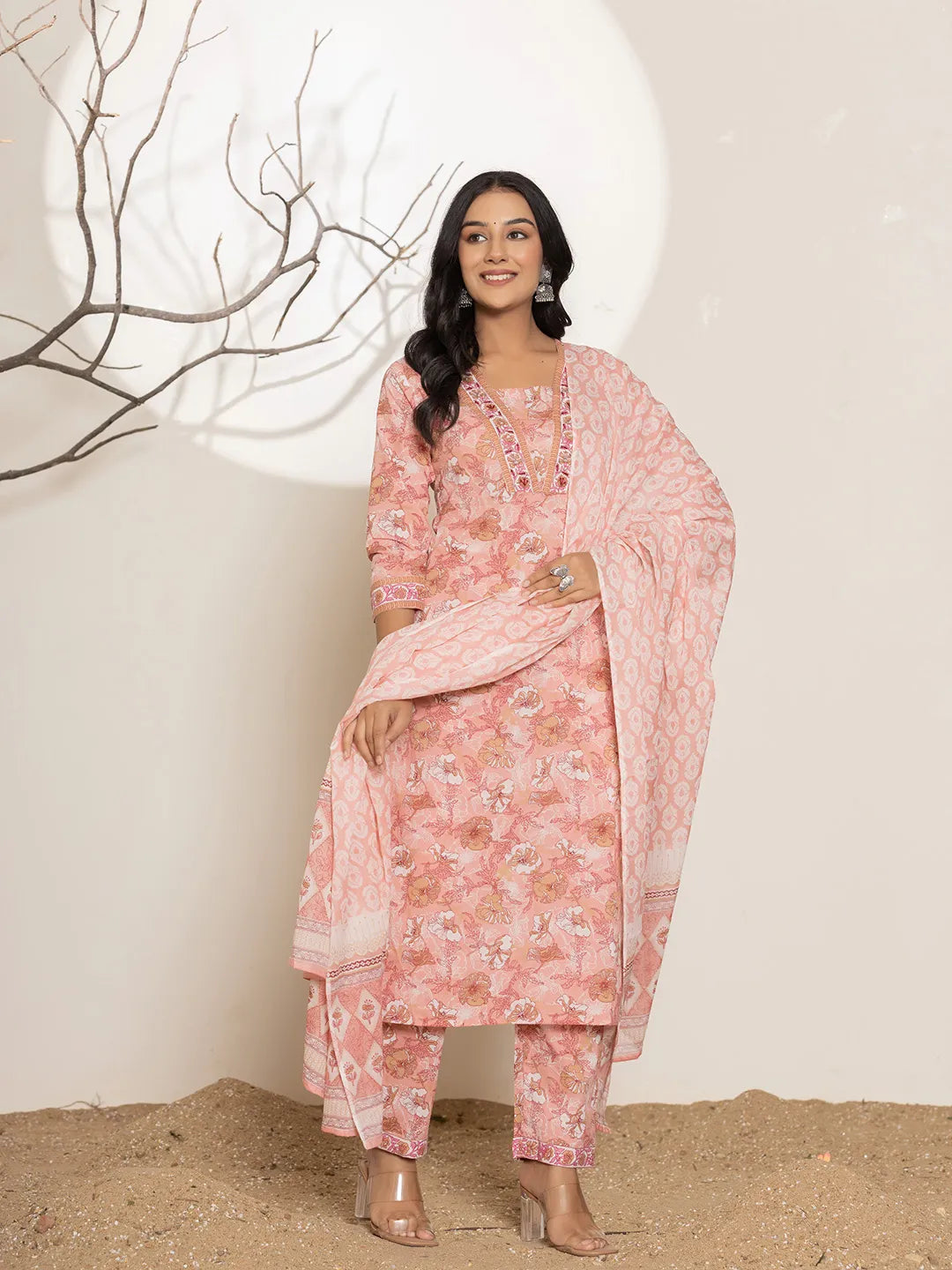 Pink Floral Print Cotton Straight Kurta Dupatta Set