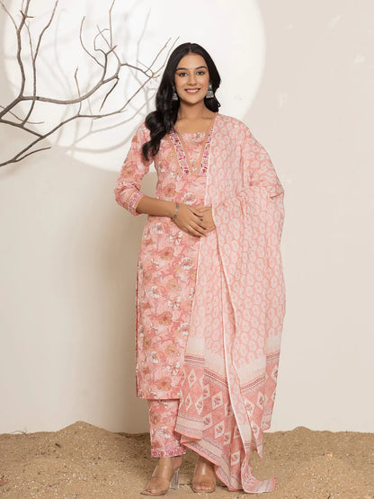 Pink Floral Print Cotton Straight Kurta Dupatta Set