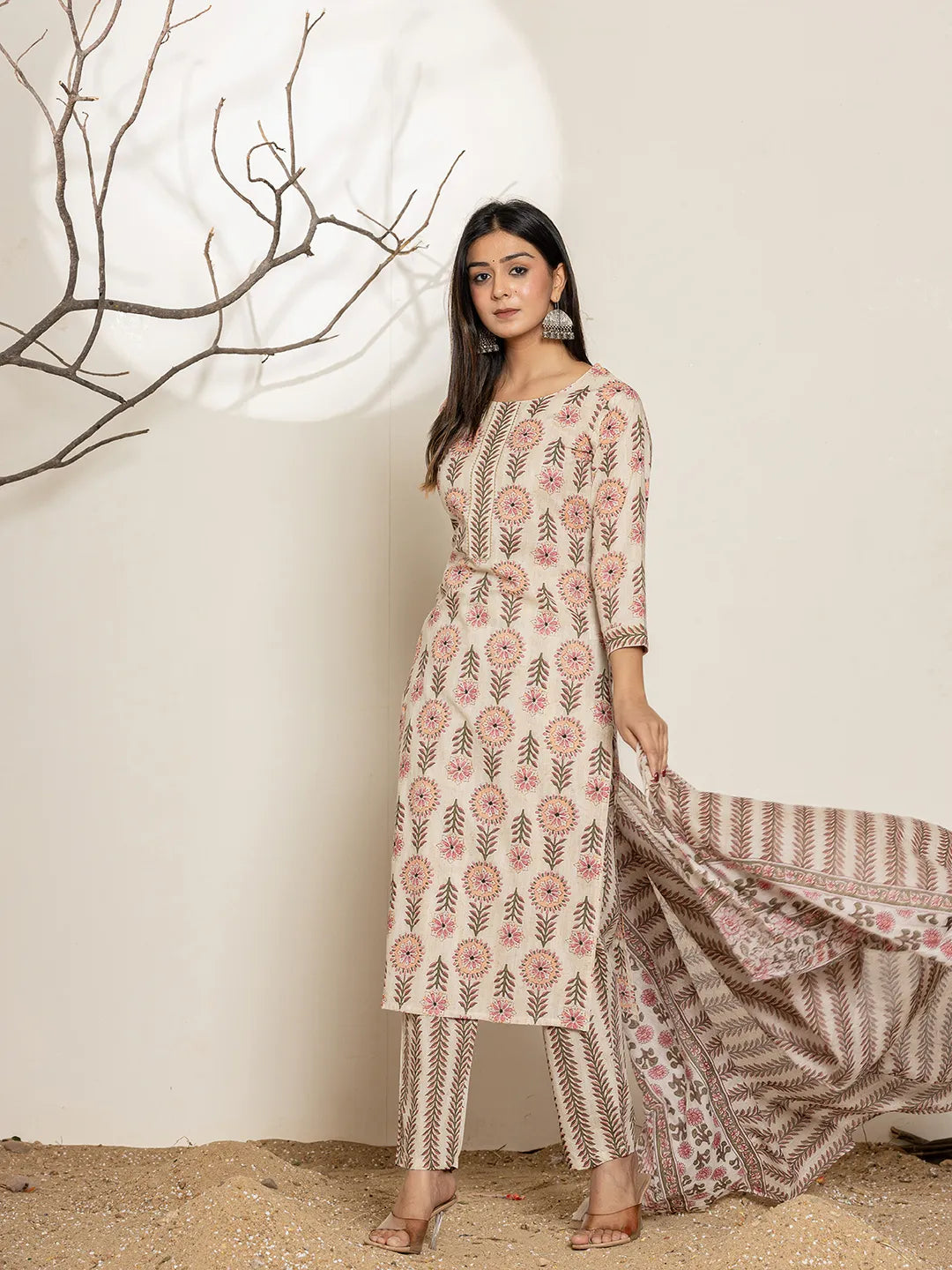 Pink Floral Print Cotton Straight Kurta Dupatta Set