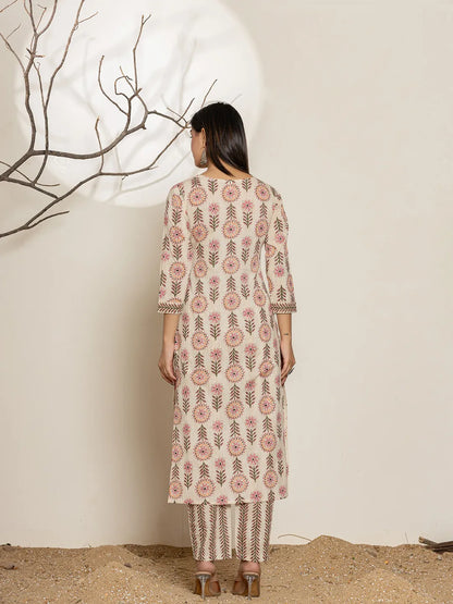 Pink Floral Print Cotton Straight Kurta Dupatta Set