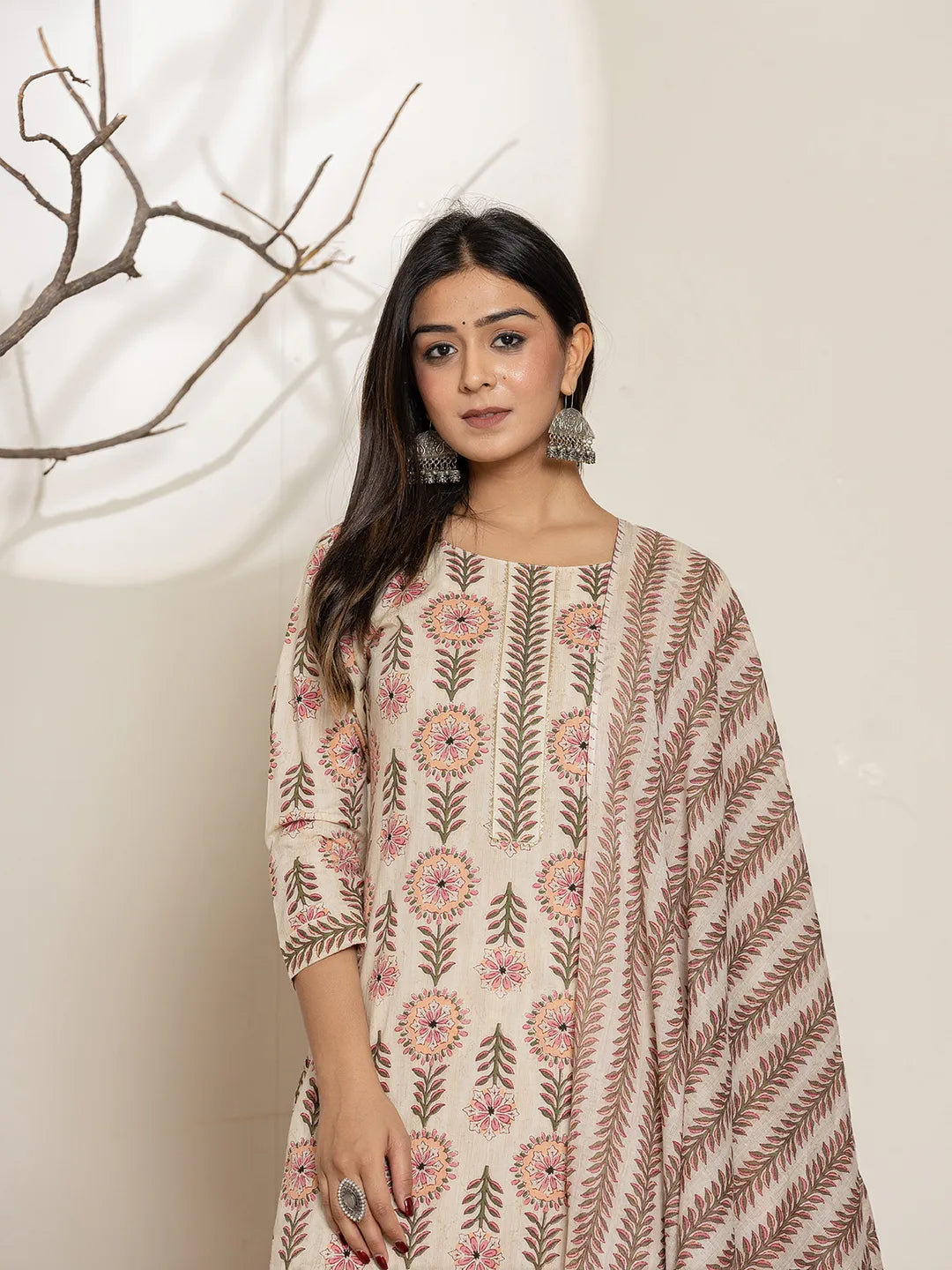 Pink Floral Print Cotton Straight Kurta Dupatta Set