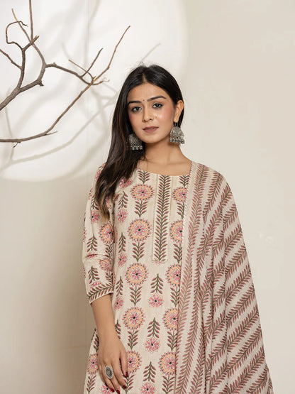Pink Floral Print Cotton Straight Kurta Dupatta Set