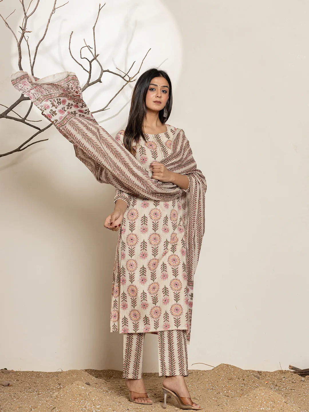 Pink Floral Print Cotton Straight Kurta Dupatta Set