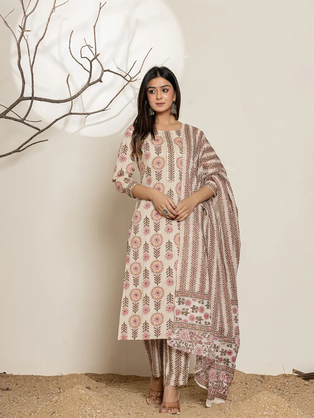 Pink Floral Print Cotton Straight Kurta Dupatta Set