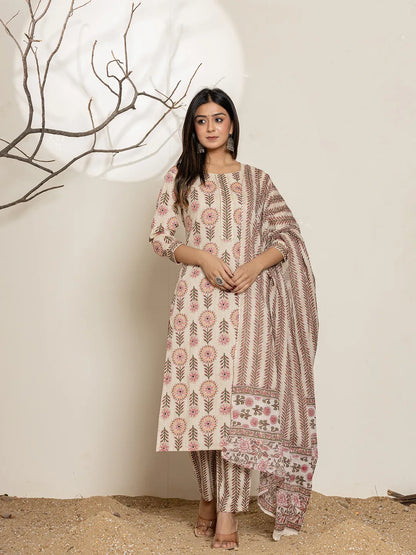 Pink Floral Print Cotton Straight Kurta Dupatta Set