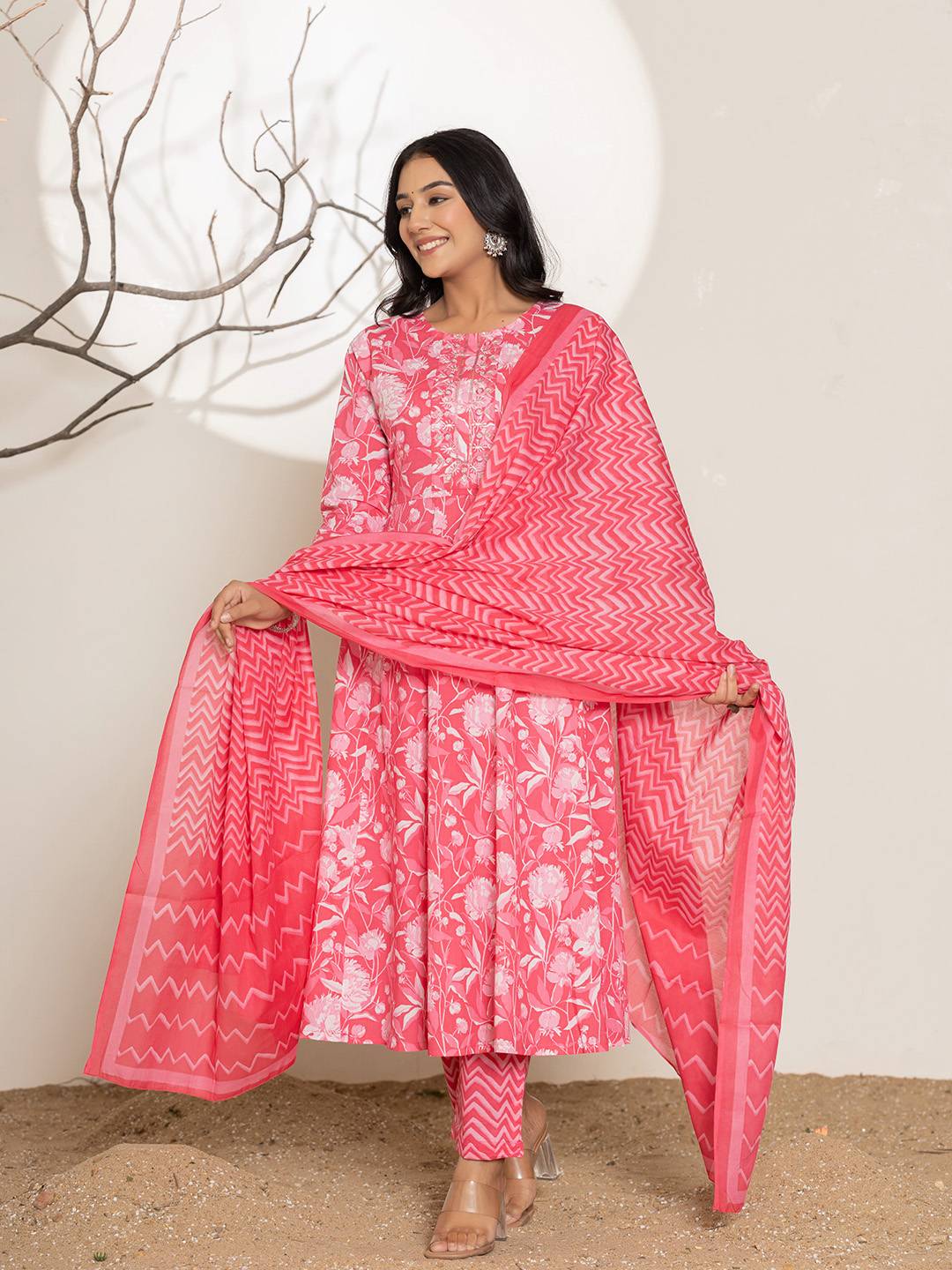 Pink Floral Print Embroidery Cotton Anarkali Suit Set