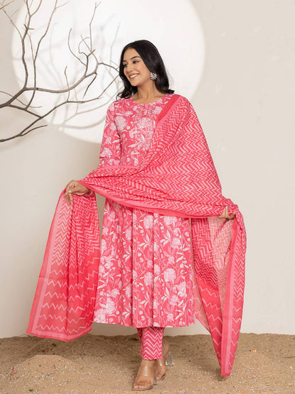 Pink Floral Print Embroidery Cotton Anarkali Suit Set