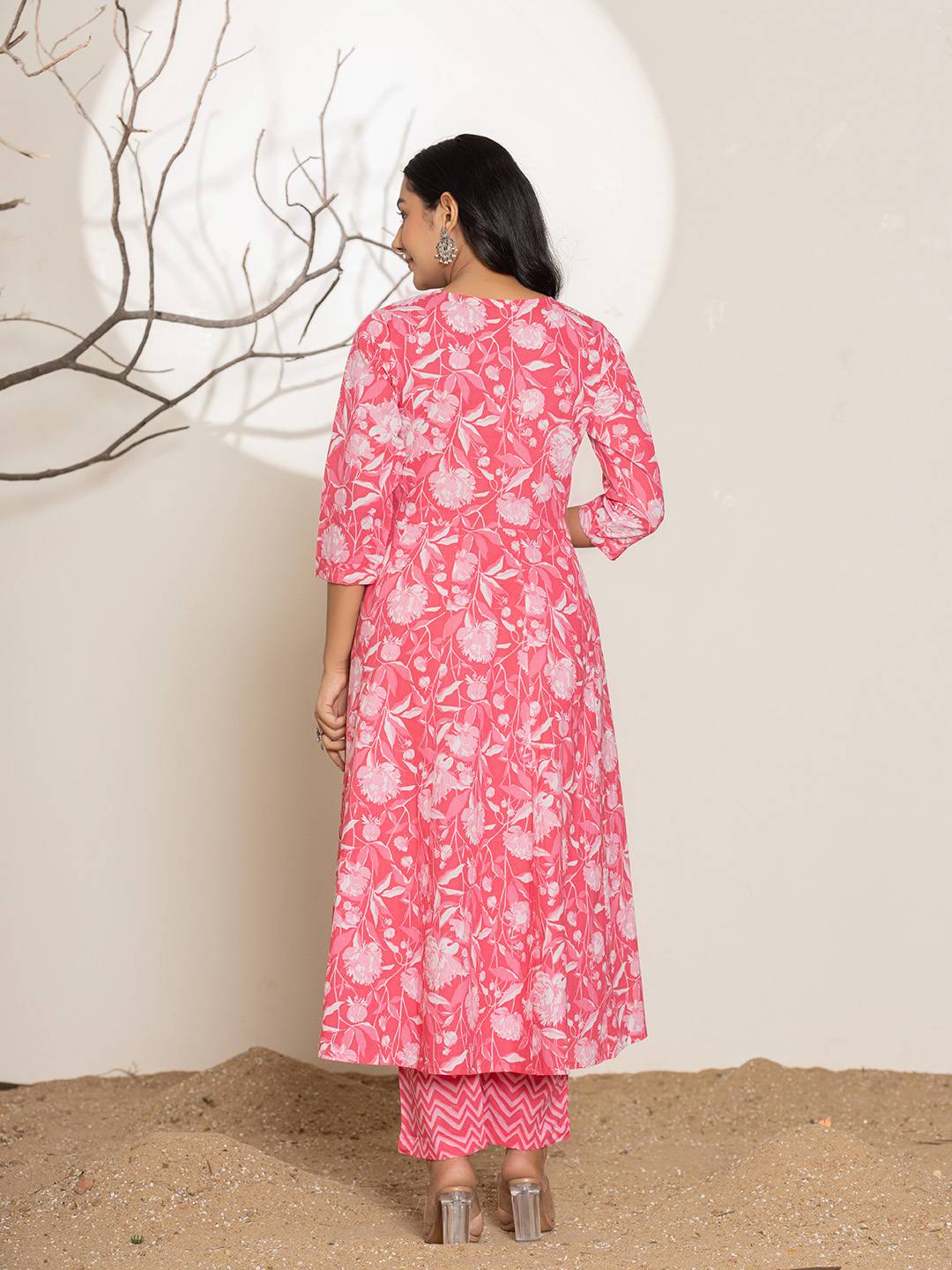 Pink Floral Print Embroidery Cotton Anarkali Suit Set