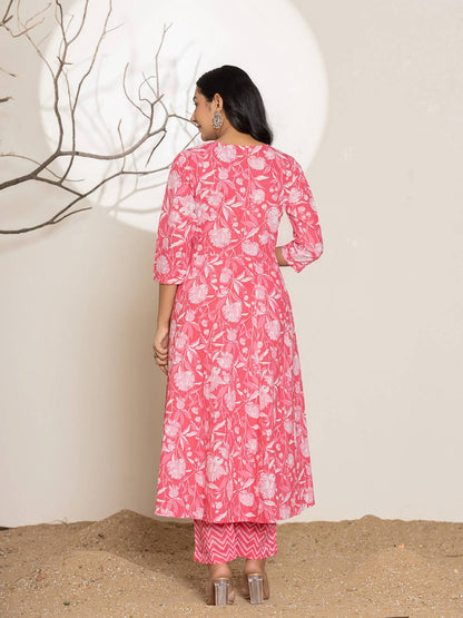Pink Floral Print Embroidery Cotton Anarkali Suit Set