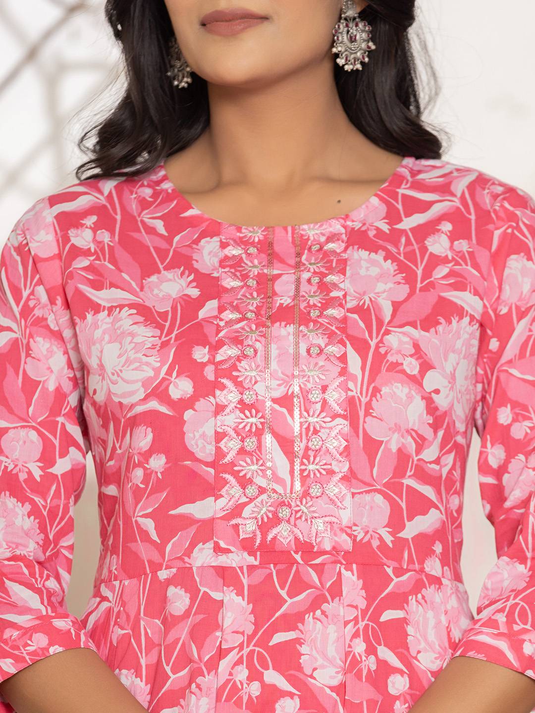 Pink Floral Print Embroidery Cotton Anarkali Suit Set