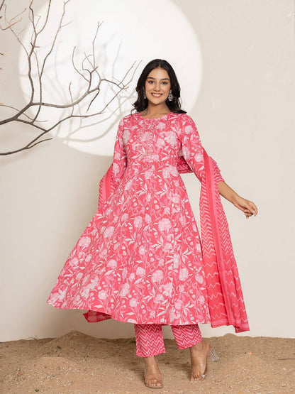 Pink Floral Print Embroidery Cotton Anarkali Suit Set