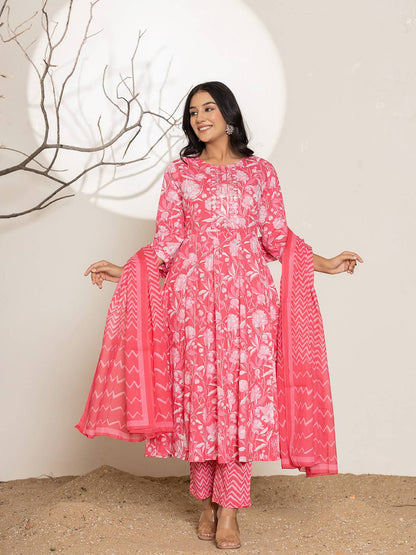 Pink Floral Print Embroidery Cotton Anarkali Suit Set