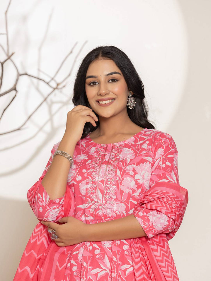 Pink Floral Print Embroidery Cotton Anarkali Suit Set