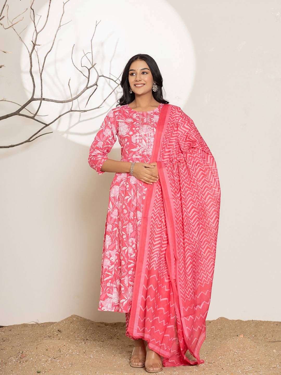 Pink Floral Print Embroidery Cotton Anarkali Suit Set