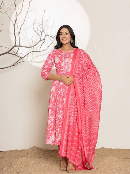 Pink Floral Print Embroidery Cotton Anarkali Suit Set