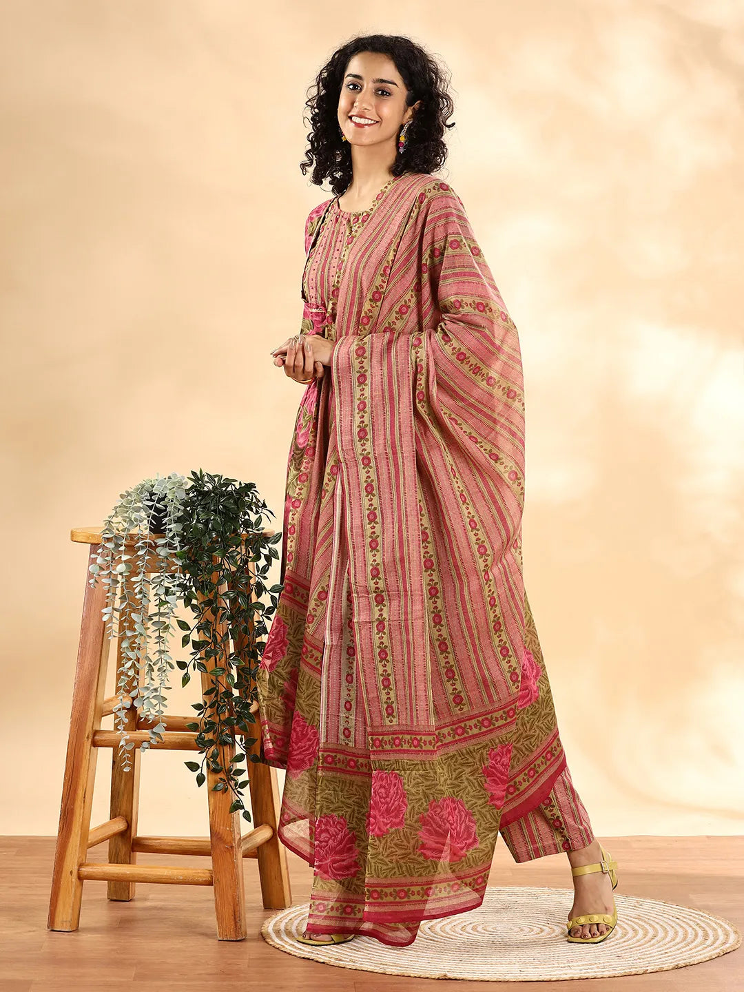 Pink Floral Print Sequins Work Anarkali Kurta And Trouser With Dupatta Set