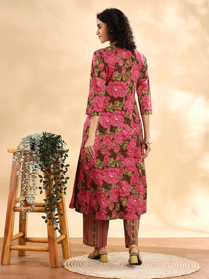 Pink Floral Print Sequins Work Anarkali Kurta And Trouser With Dupatta Set