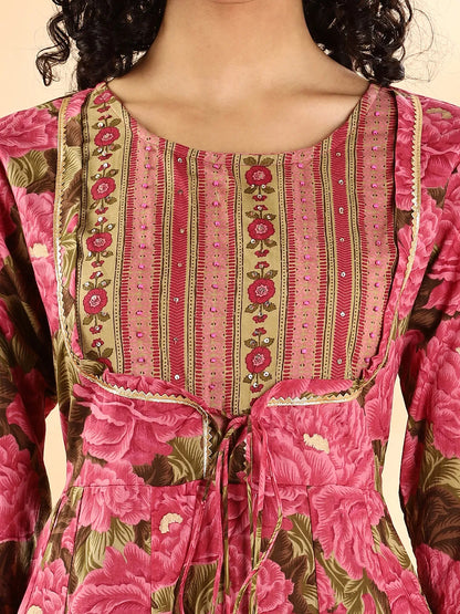 Pink Floral Print Sequins Work Anarkali Kurta And Trouser With Dupatta Set