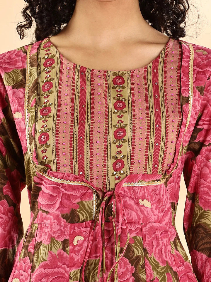 Pink Floral Print Sequins Work Anarkali Kurta And Trouser With Dupatta Set