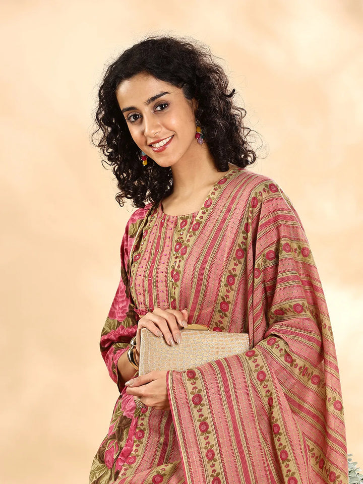 Pink Floral Print Sequins Work Anarkali Kurta And Trouser With Dupatta Set