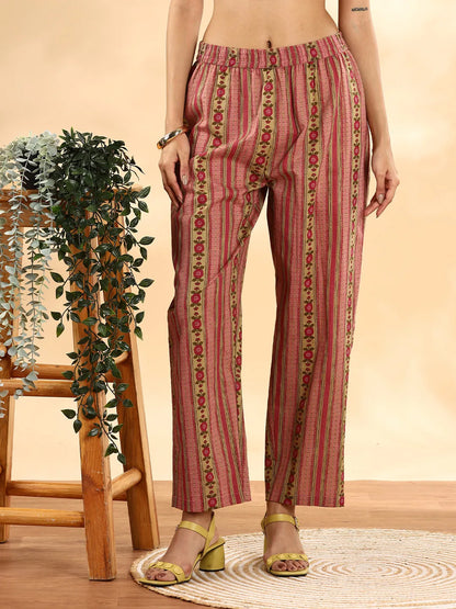 Pink Floral Print Sequins Work Anarkali Kurta And Trouser With Dupatta Set