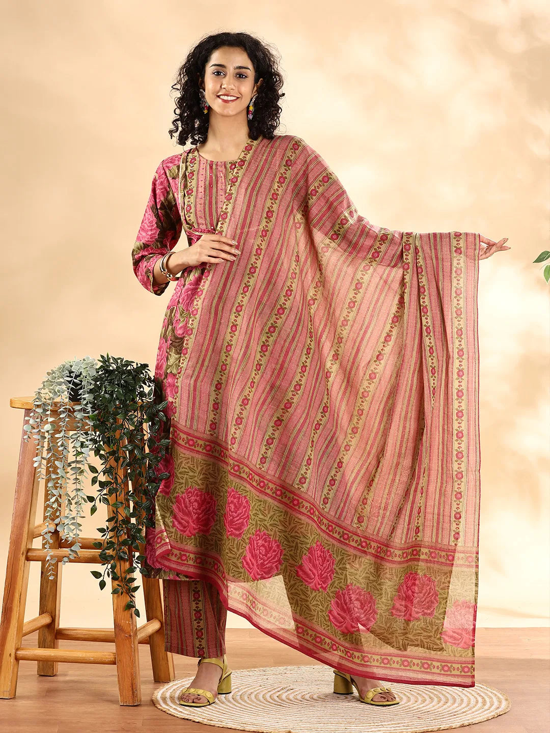 Pink Floral Print Sequins Work Anarkali Kurta And Trouser With Dupatta Set