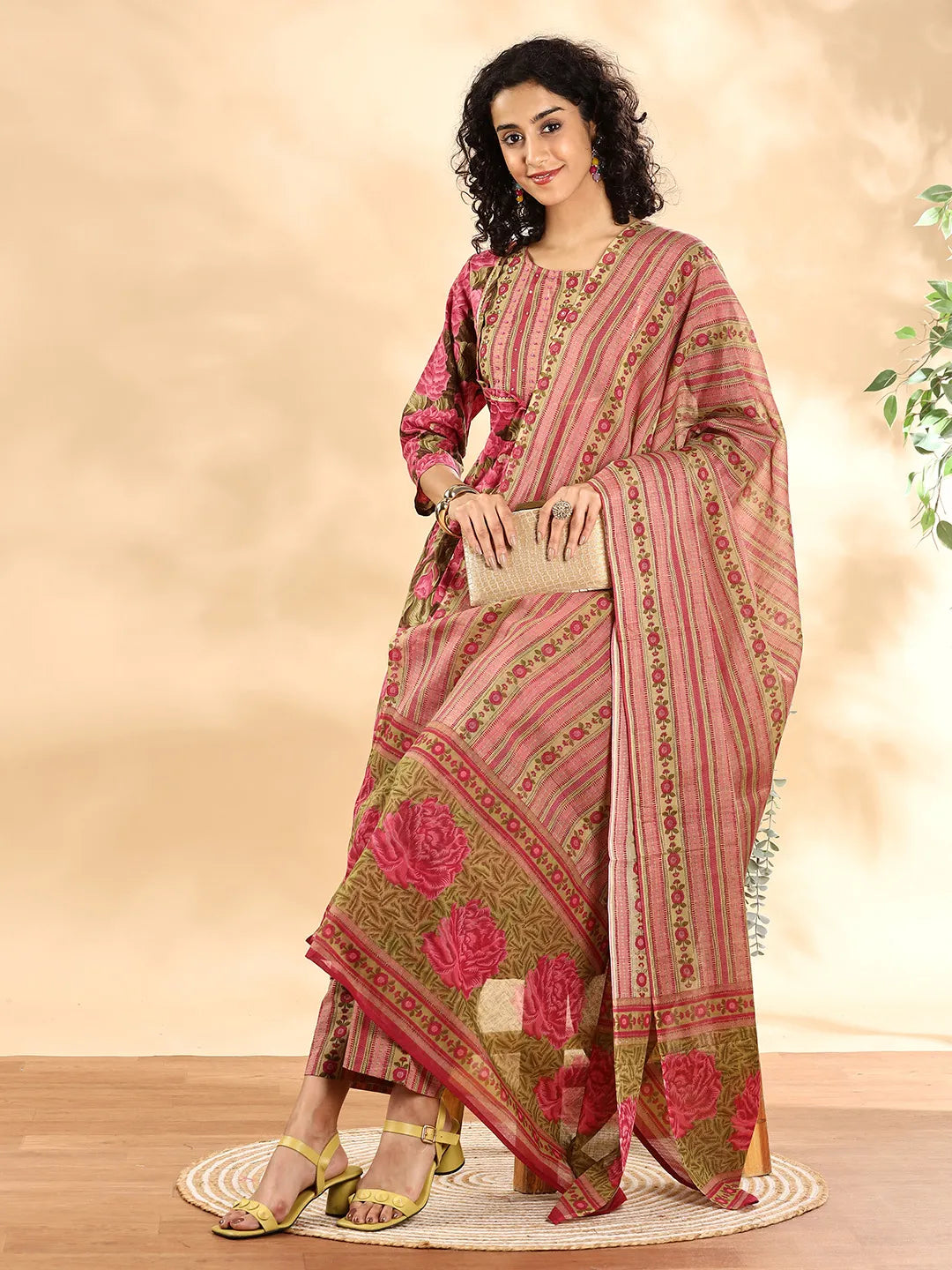 Pink Floral Print Sequins Work Anarkali Kurta And Trouser With Dupatta Set