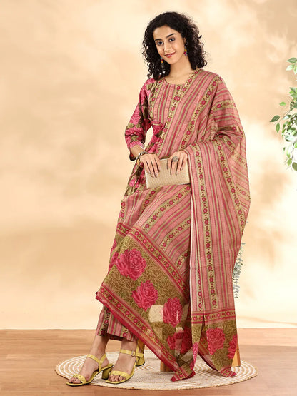 Pink Floral Print Sequins Work Anarkali Kurta And Trouser With Dupatta Set