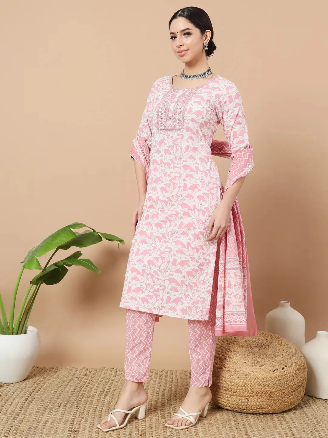 Pink Floral Print Sequins Work Straight Kurta Trouser And Dupatta Set