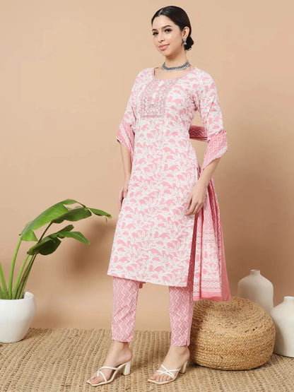 Pink Floral Print Sequins Work Straight Kurta Trouser And Dupatta Set