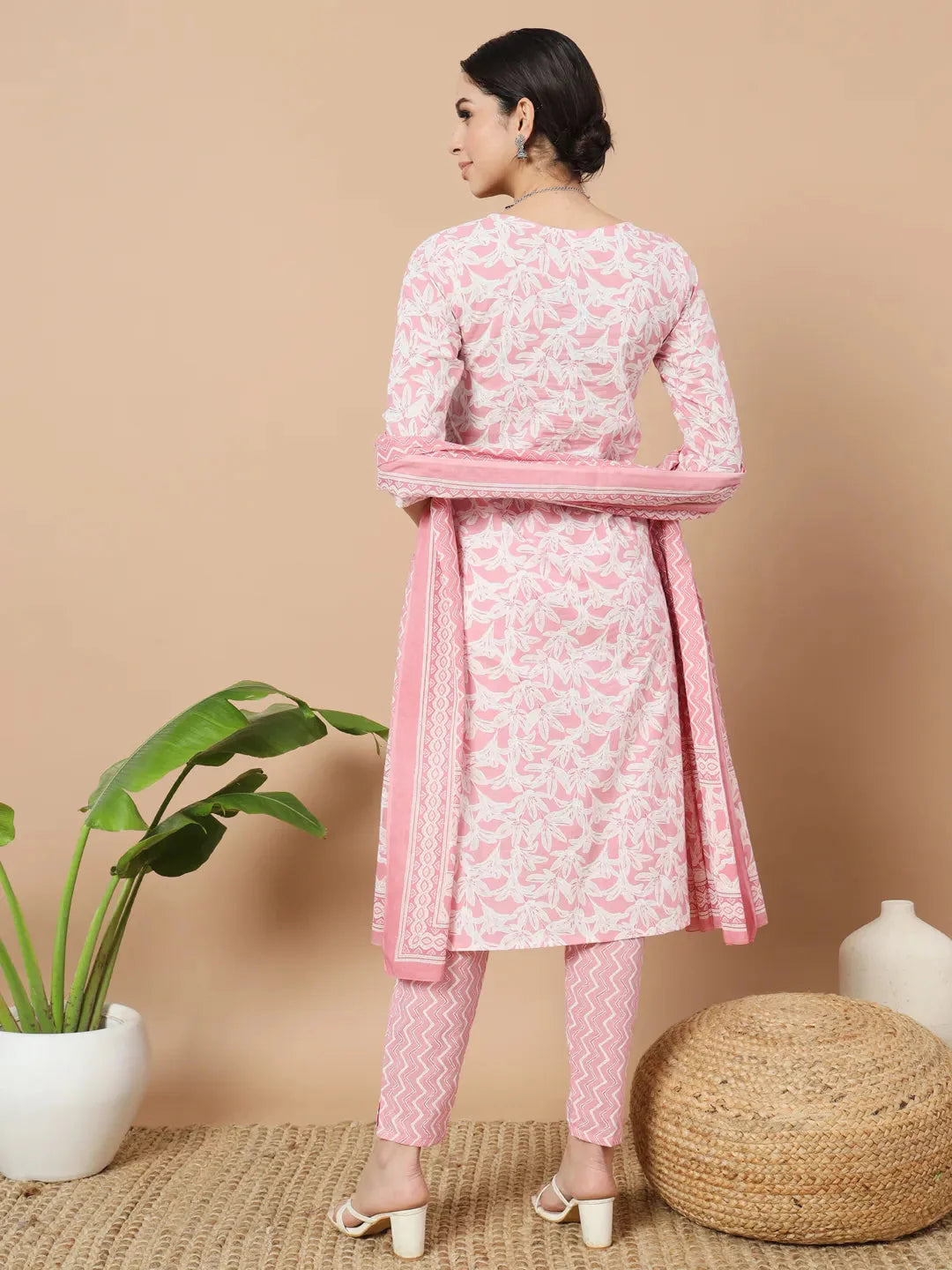 Pink Floral Print Sequins Work Straight Kurta Trouser And Dupatta Set