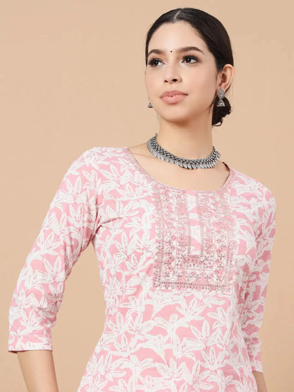 Pink Floral Print Sequins Work Straight Kurta Trouser And Dupatta Set